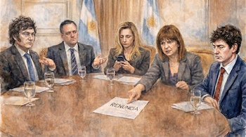 Ilustración de cinco figuras políticas, incluyendo a Javier Milei y Santiago Caputo, sentadas en una mesa. Una mano señala un documento con 'RENUNCIA'.