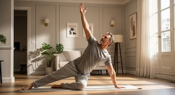 Un hombre de aproximadamente 45 años en ropa deportiva gris practica yoga sobre un mat en un departamento, con paredes claras, piso de madera y un ventanal.