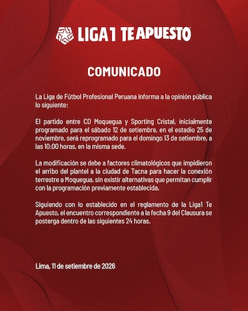Nueva programación del Sporting Cristal vs CD Moquegua por el Torneo Clausura 2026
