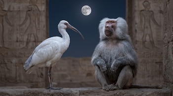Un ibis sagrado blanco y un babuino hamadryas gris sentados sobre una base de piedra, mirando una Luna llena en el cielo nocturno con relieves egipcios de fondo.