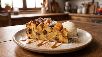 Rebanada de budín de pan con manzanas, pasas, caramelo, canela y una bola de helado de vainilla. En un plato rústico sobre mesa de madera.