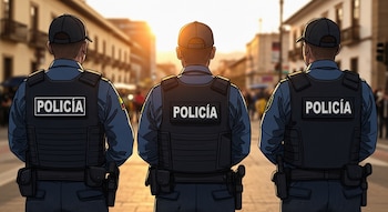 Tres policías colombianos de espaldas con uniformes azules, chalecos negros con 'POLICÍA' y gorras, en calle urbana con luz de atardecer.