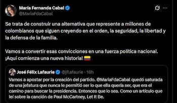 María Fernanda Cabal - crédito @MariaFdaCabal/X