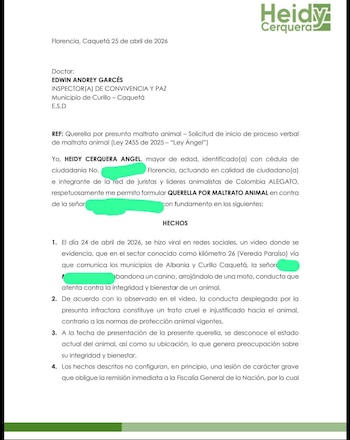 Se pidió la valoración inmediata del perro por un veterinario y su protección, ya que aún permanece bajo la custodia de la persona investigada por maltrato animal - crédito Heidy Cerquera Angel/Facebook