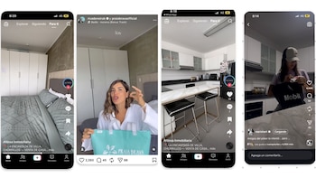 Cuatro capturas de TikTok: un dormitorio, Korina Rivadeneira, una cocina moderna con isla y otra persona sosteniendo una bolsa en la cocina