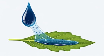 Una gota azul oscuro se extiende sobre una hoja verde formando una fina capa, con pequeñas partículas esféricas visibles dentro del líquido, sobre un fondo blanco liso.