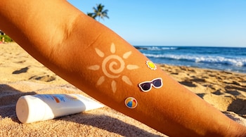 Un brazo bronceado tiene un diseño de sol, tres pegatinas de verano, y un tubo de protector solar descansa en la arena de una playa con el mar y una palmera.