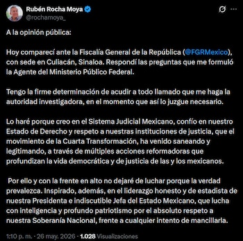 Rubén Rocha Moya acude a comparecer ante la FGR