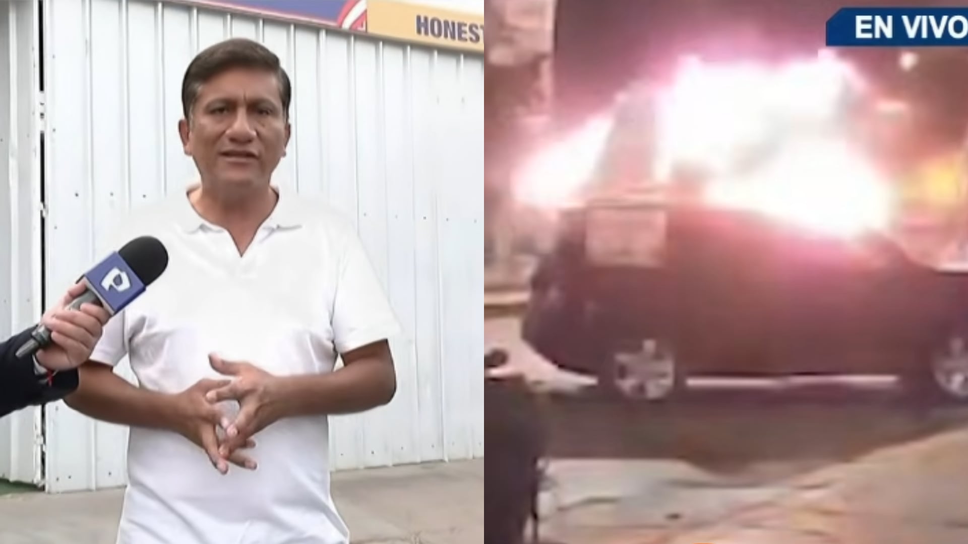 El alcalde de Los Olivos, Felipe Castillo, declara tras el ataque incendiario ejecutado contra su camioneta frente a su local de campaña. (Composición: Infobae Perú / Buenos Días Perú)