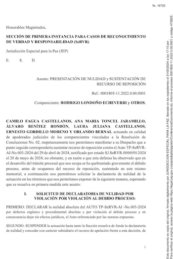 La defensa pide que se resuelva la nulidad antes de proceder con recurso de reposición y, subsidiariamente, apela en caso de rechazo - crédito Abogados de Rodrigo Londoño