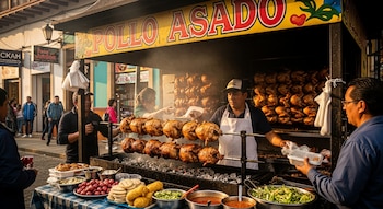 Puesto callejero de pollo asado en Colombia con pollos dorados girando, vendedores y clientes interactuando, y varias guarniciones frescas expuestas en mesas.