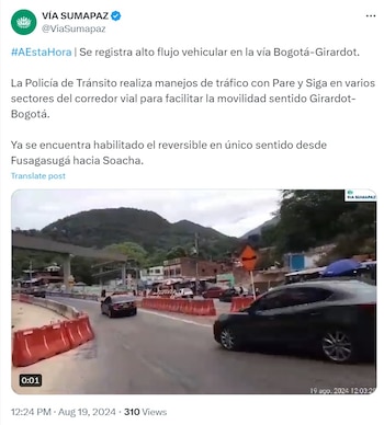 Con la entrada en vigencia del pico y placa regional, aumenta el tráfico en la carretera que comunica al sur con el centro del país - crédito @ViaSumapaz/X