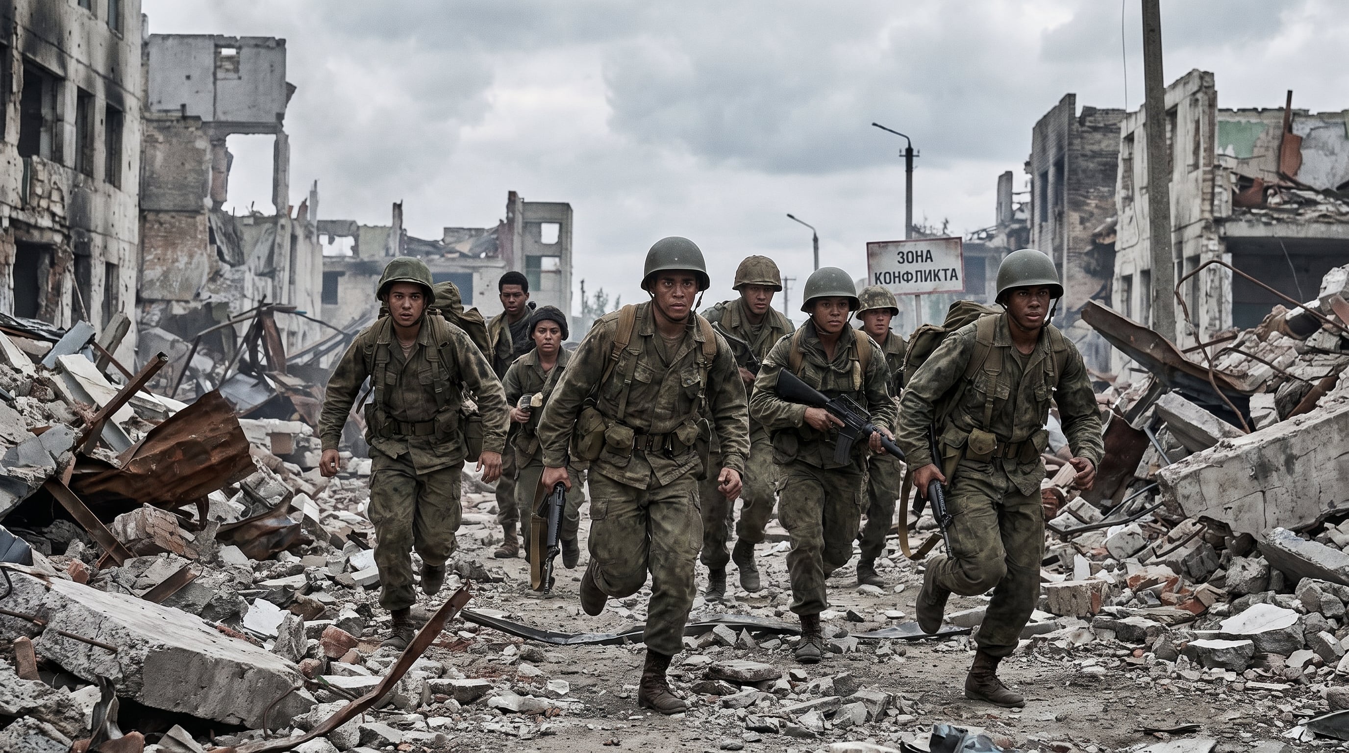 Militares jóvenes avanzan entre ruinas urbanas en una zona de conflicto. (Imagen Ilustrativa Infobae)