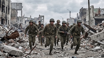Varios soldados jóvenes con uniforme y cascos corren entre escombros de edificios destruidos; en el fondo, un cartel en cirílico indica zona de conflicto.