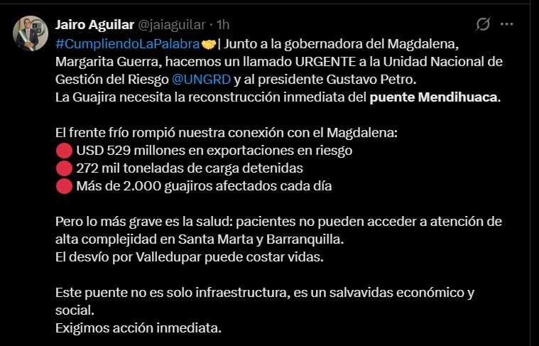 Este fue el mensaje que publicó el gobernador de La Guajira Jairo Aguilar - crédito @jaiaguilar/X