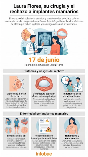 Infografía con ilustraciones de médico, paciente, implantes mamarios, radiografía, síntomas de rechazo, síntomas de BII y documento de la FDA.