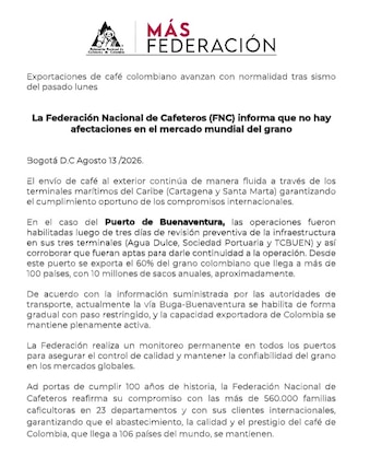 La FNC dice que el envío de café al exterior continúa de manera fluida - crédito FNC