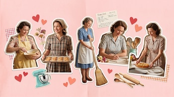 Collage sobre fondo rosa con cinco mujeres recortadas que realizan tareas domésticas junto a utensilios de cocina.