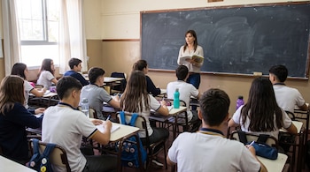 Una mujer de pie frente a un pizarrón sostiene un libro mientras varios jóvenes sentados en pupitres escriben en cuadernos.