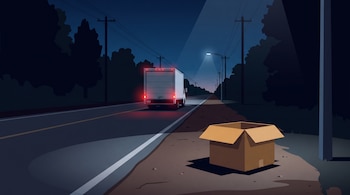 Ilustración de una caja de cartón abierta en el arcén de una carretera nocturna, con postes de tendido eléctrico y un camión que se aleja al fondo.