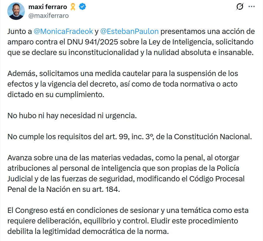 El diputado de la Coalición Cívica Maximiliano Ferraro hizo pública la presentación del amparo