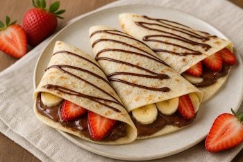 Tres crepas dobladas rellenas de fresas, plátano y crema de chocolate sobre un plato, con fresas frescas alrededor.