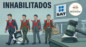 Ilustración de cuatro hombres con una X roja, bajo la palabra "INHABILITADOS". Uno lleva un maletín con "CITAS ROBADAS" y "DATOS PERSONALES", otro una bolsa de "RECURSOS BANCARIOS". Al fondo, logos de SAT y Banco del Bienestar, y un martillo de juez.