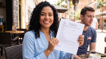 Mujer con cabello rizado sonríe, mostrando un formulario de visa K1. Un hombre con camisa azul y pin de bandera de Estados Unidos se sienta a su lado.