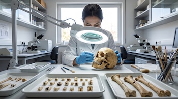 Investigadora con guantes examina un cráneo infantil bajo una lupa en un laboratorio, rodeada de bandejas con dientes y huesos, e instrumental científico.