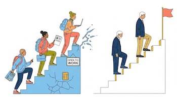 Ilustración de cinco figuras humanas subiendo dos escaleras. Tres jóvenes en una escalera rota con cartel 'Open to Work'. Dos adultos mayores en una escalera recta.