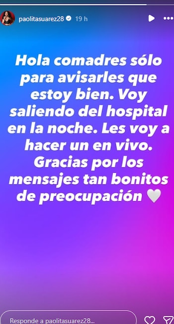 Paola Suárez comunicó que ya salió dle hospital
(RS)