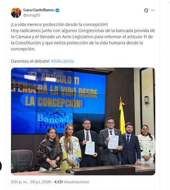 La congresista Sara Castellanos hizo parte del grupo de legisladores que presentó un proyecto de acto legislativo para reformar el artículo 11 de la Constitución y que exista protección de la vida humana desde la concepción - crédito @sarag12/X