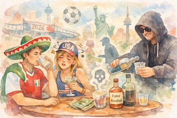 Acuarela de dos turistas bebiendo. Un hombre encapuchado sirve de una botella "Fake Alcohol". Hay dinero en la mesa y símbolos del Mundial 2026.