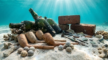 Primer plano de pipas de arcilla, balas de plomo, botellas de vidrio, ladrillos, monedas, fragmentos de cerámica y herramientas de metal sobre arena blanca submarina.