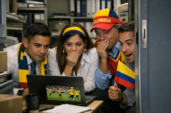 Cuatro personas en ropa de oficina miran un partido de fútbol en un portátil. Visten accesorios de Colombia como bufanda, gorra y sostienen una bandera.