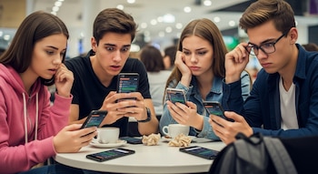 Cuatro adolescentes, dos hombres y dos mujeres, sentados en una mesa, cada uno mirando intensamente su teléfono móvil con expresiones de preocupación y asombro.