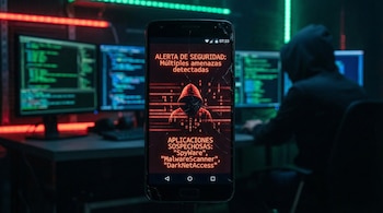 Un smartphone Android en primer plano con pantalla de seguridad rota y luces rojas. Al fondo, la silueta de un hacker trabajando frente a múltiples pantallas de ordenador.