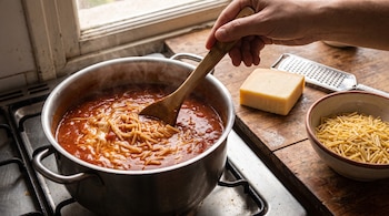 Mano con cuchara de madera revolviendo una olla con sopa de tomate, fideos y queso fundido en una estufa. Al lado, un trozo de queso, un rallador y un cuenco con fideos crudos. Ventana de fondo.