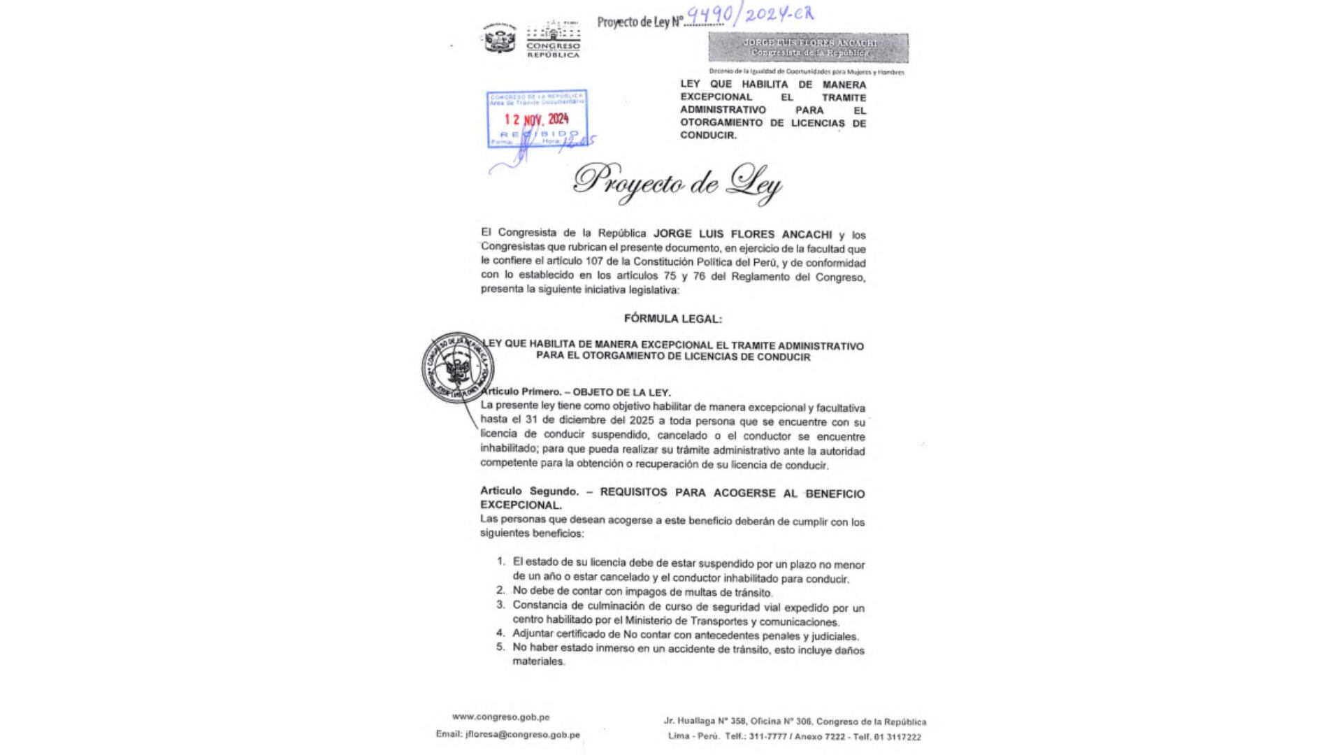 Proyecto de ley busca devolver licencia de conducir: iniciativa fue presentado por el congresista Jorge Luis Flores Ancachi| Congreso