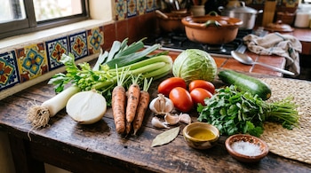 Zanahorias, tomates, cebolla, puerro, apio, col, calabacín, cilantro, ajo y cuencos con aceite y sal sobre una mesa de madera.