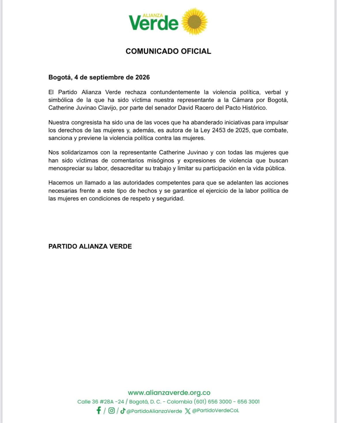 El partido solicitó a las autoridades competentes investigar al senador del Pacto Histórico e implementar las sanciones pertinentes - crédito Alianza Verde