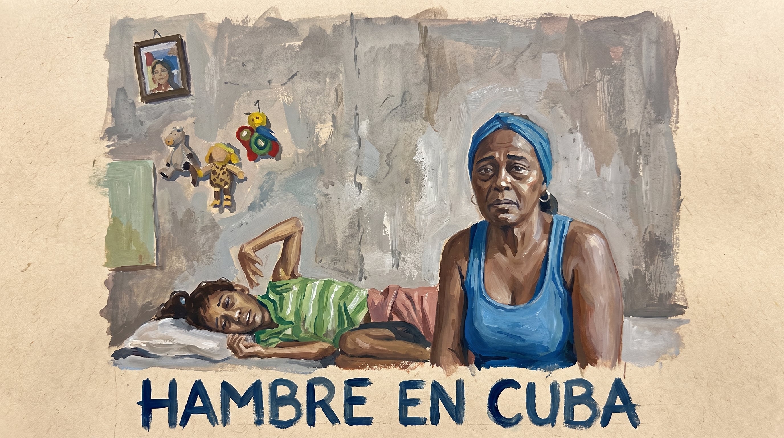 Una madre y su hija con parálisis permanecen en una habitación humilde en una ilustración que aborda la escasez de alimentos en la isla bajo el texto HAMBRE EN CUBA. (Imagen Ilustrativa Infobae)