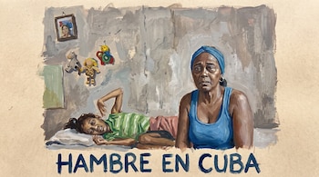 Ilustración de una mujer con turbante azul sentada junto a una niña recostada, paredes grises con juguetes y el texto HAMBRE EN CUBA abajo.