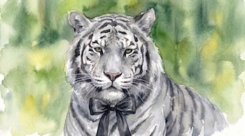 Acuarela de tigre blanco con rayas grises, ojos verdes, nariz rosa y un moño negro en el cuello, sobre un fondo abstracto verde y amarillo.