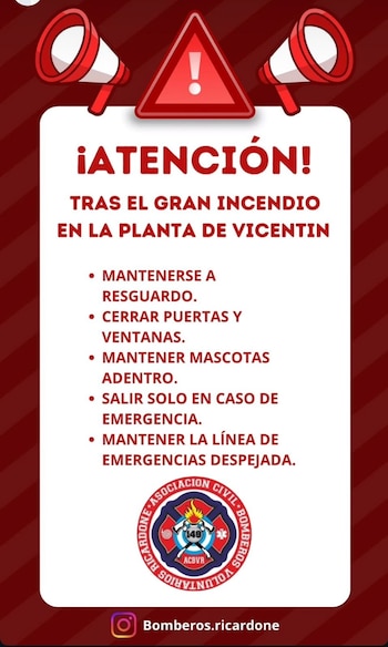 El aviso que emitieron los Bomberos Voluntarios de Ricardone (Instagram)
