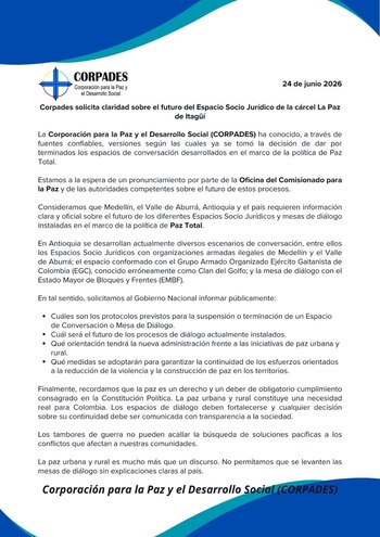 Corpades solicitó información pública sobre los protocolos para suspender o terminar mesas de diálogo - crédito Corpades