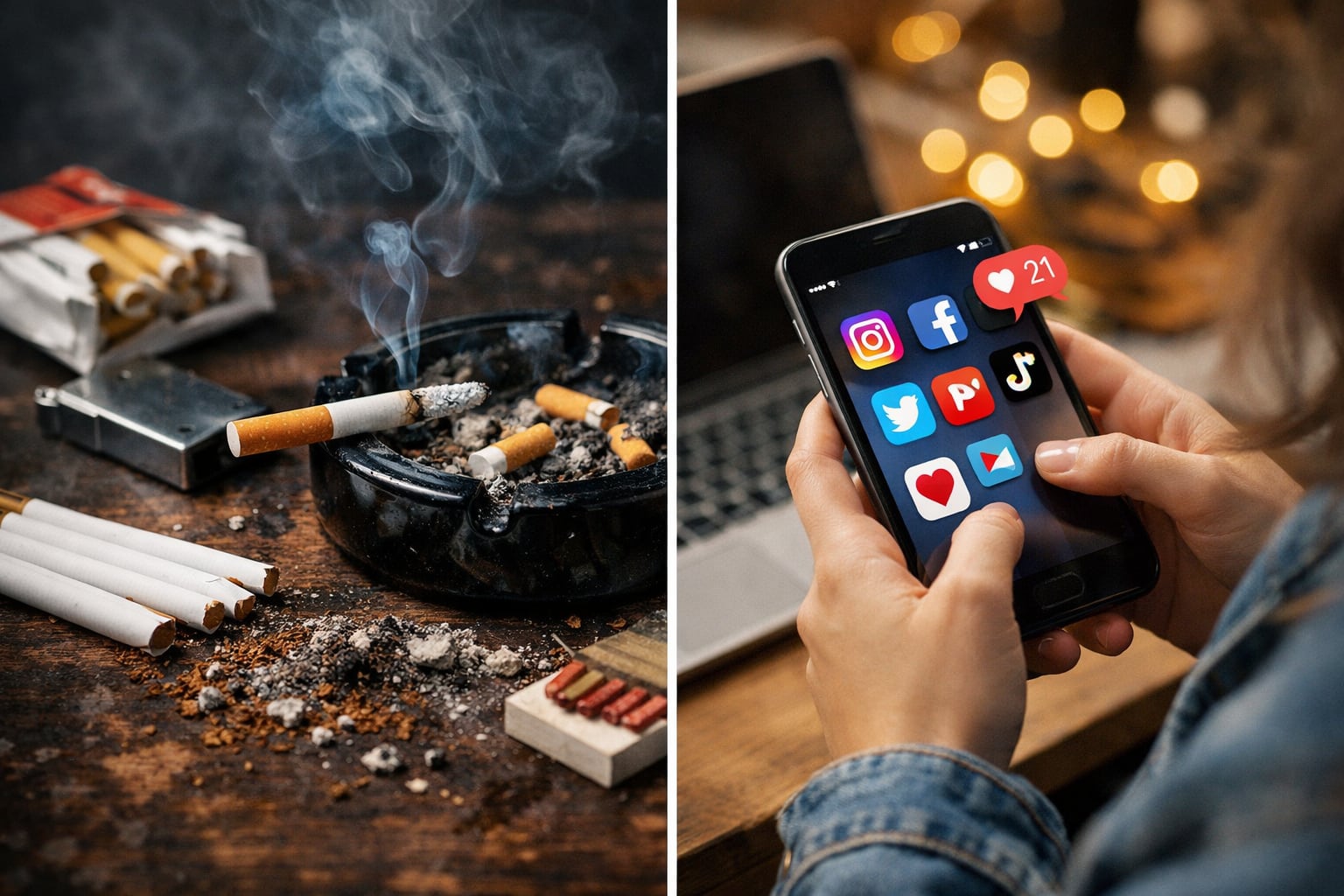 La imagen dual muestra un cigarrillo humeante junto a un cenicero y unas manos sosteniendo un smartphone con aplicaciones de redes sociales y notificaciones. (Imagen Ilustrativa Infobae)