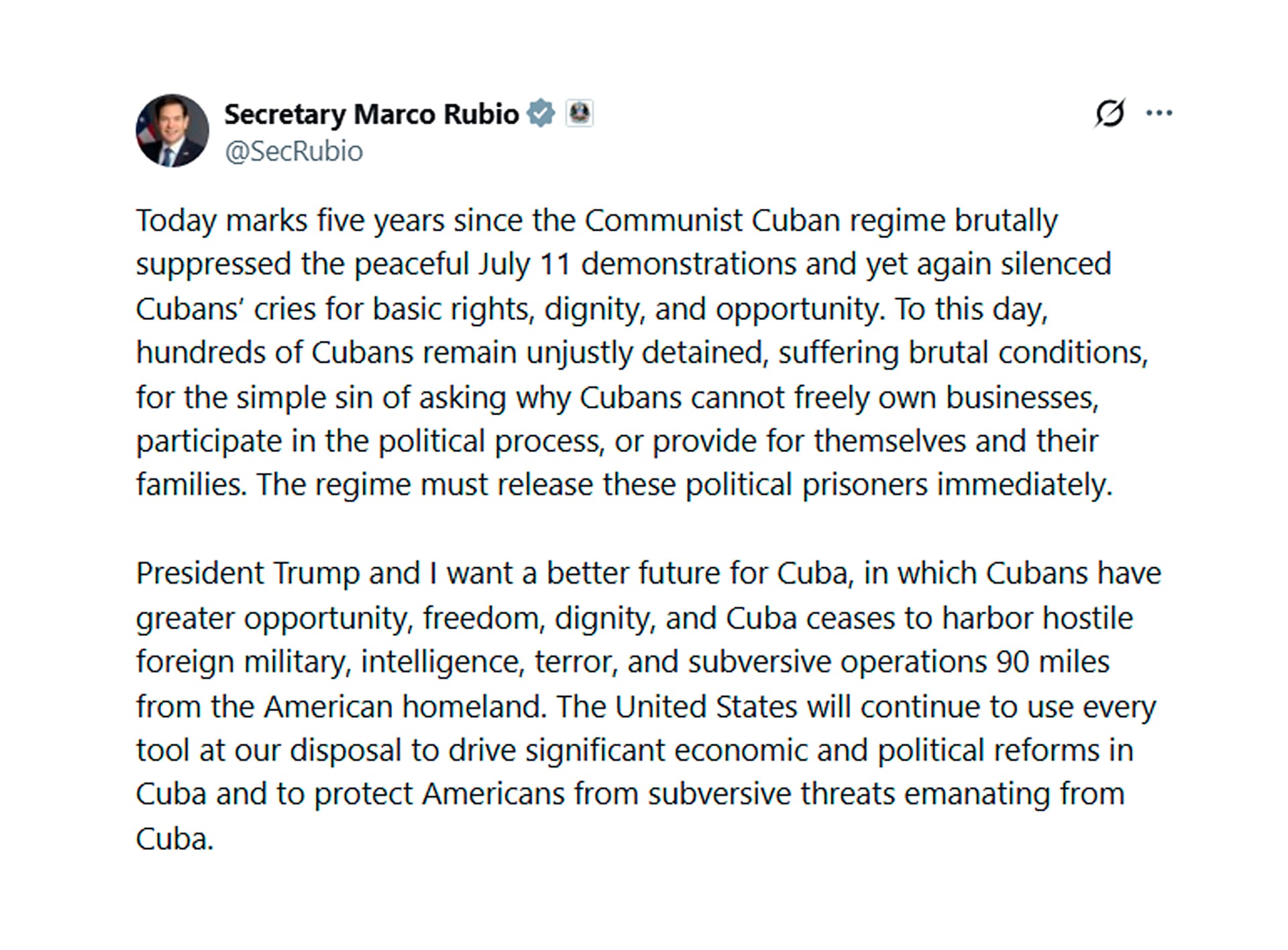 El mensaje de Marco Rubio a cinco años del 11J en Cuba