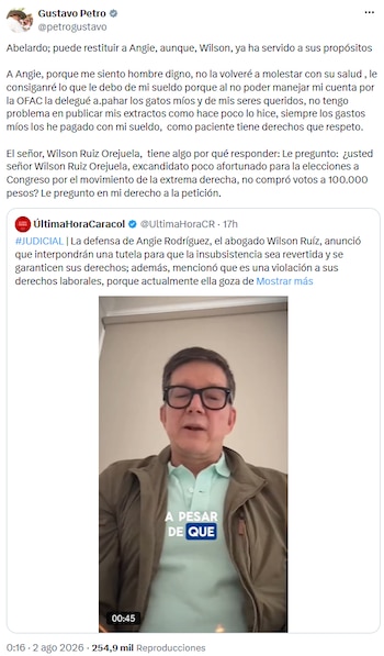 Gustavo Petro respondió a destitución de Angie Rodríguez y prometió respetar derechos como paciente - crédito @petrogustavo/X