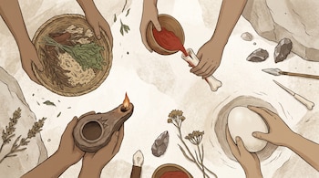 Vista cenital de manos anónimas manipulando objetos prehistóricos: cesta con hierbas, recipiente con líquido rojo, tubo de hueso, lámpara de aceite encendida, huevo de avestruz.